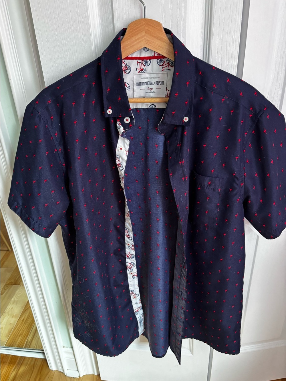 International Report Large Navy Pink Flamingo & Bicycle Print Button Down Shirt